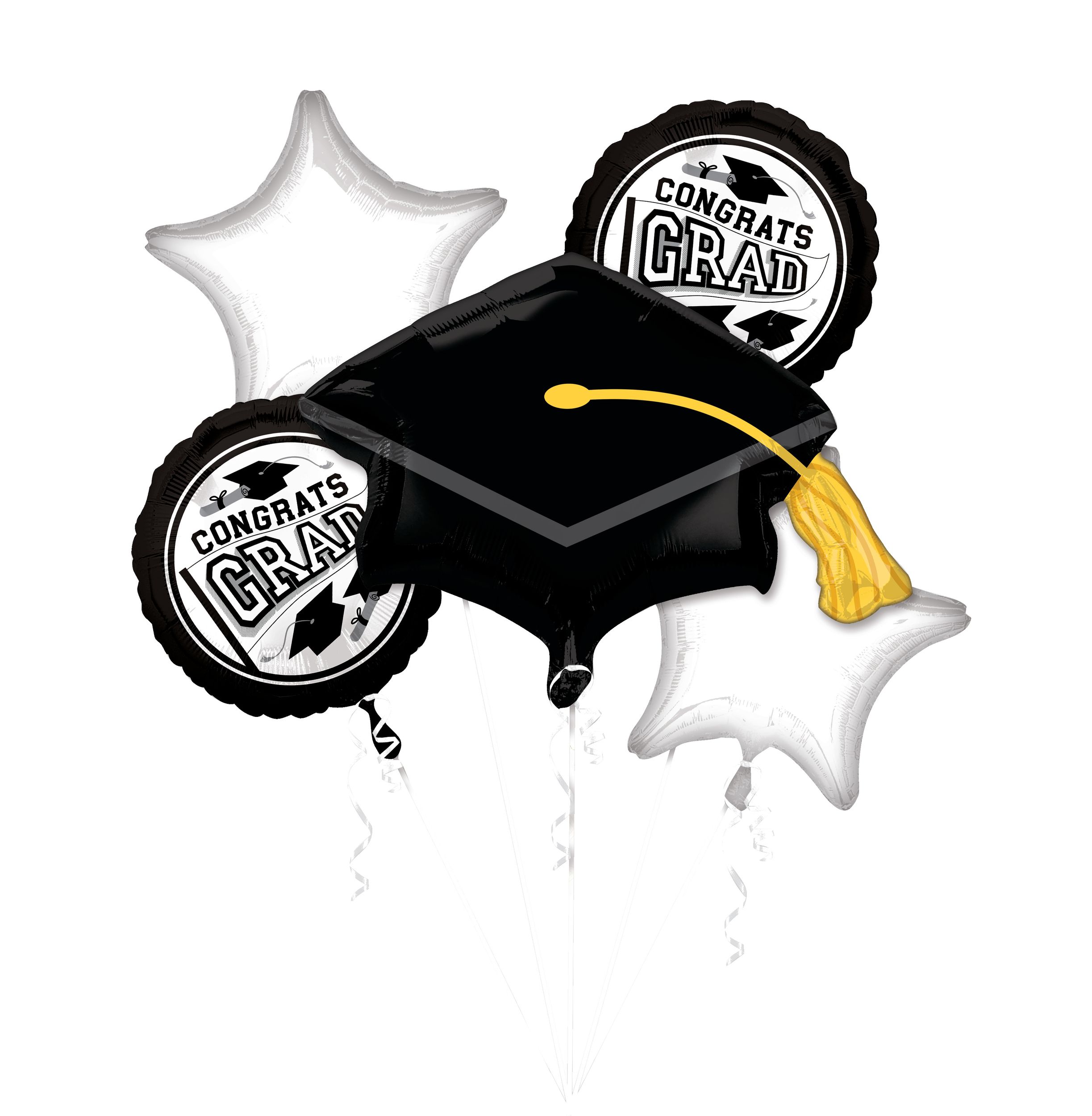 Bouquet de ballons en aluminium satiné mortier/étoile couleurs de l'école Congrats Grad, blanc/noir, 5 po, gonflement à l'hélium et ruban inclus, pour remise des diplômes Front_Flat