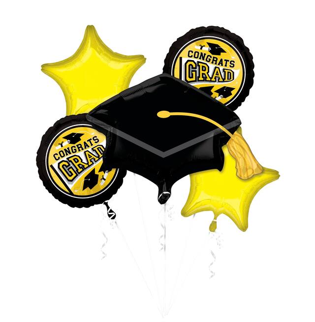 Bouquet de ballons en aluminium satiné mortier/étoile couleurs de l'école Congrats Grad, jaune/noir, 5 po, gonflement à l'hélium et ruban inclus, pour remise des diplômes Front_Flat