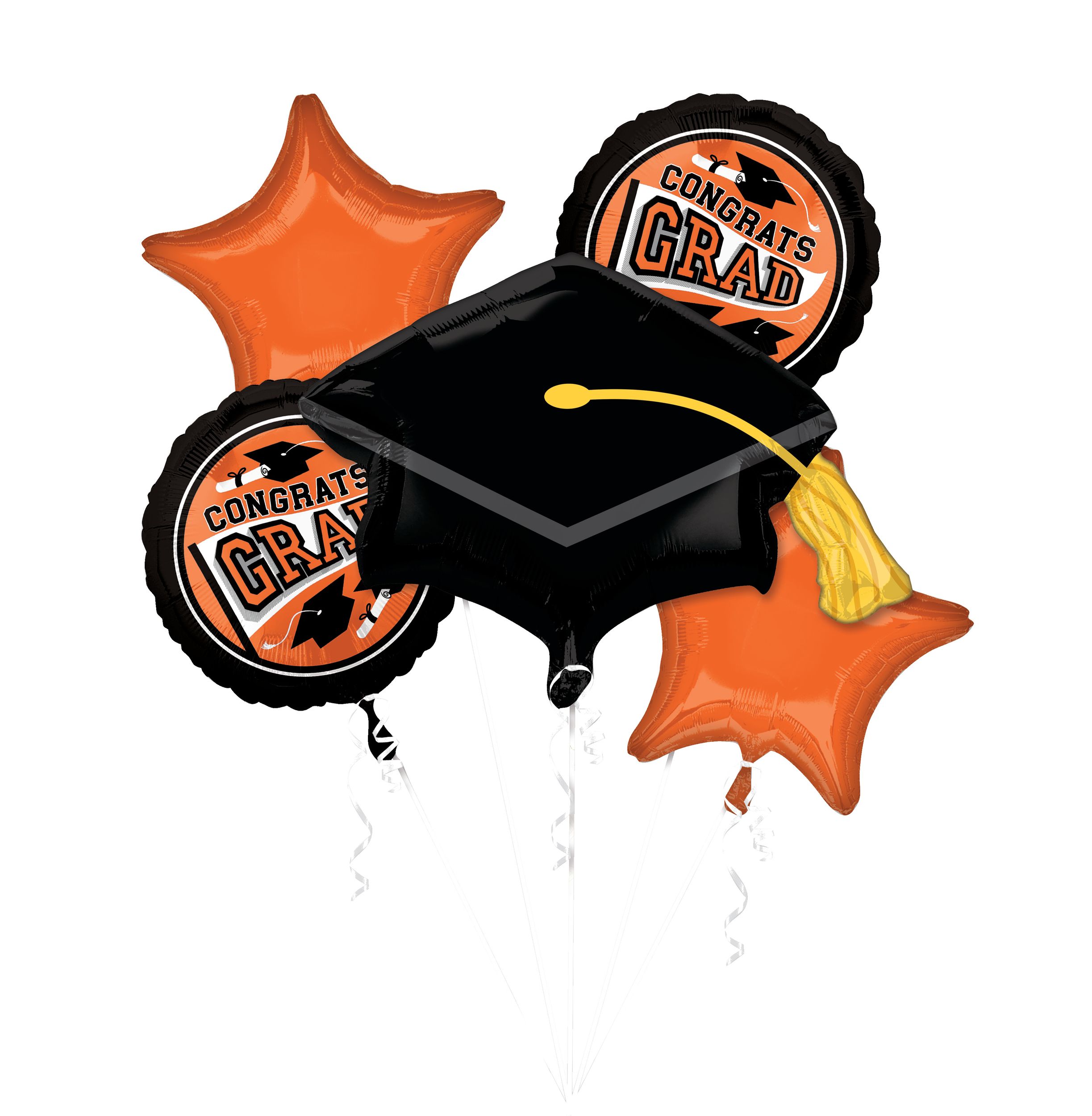 School Colours "Congrats Grad" Graduation Cap/Star Satin Foil Balloon Bouquet, Orange/Black, 5-pk, Helium Inflation & Ribbon Included for Graduation Front_Flat