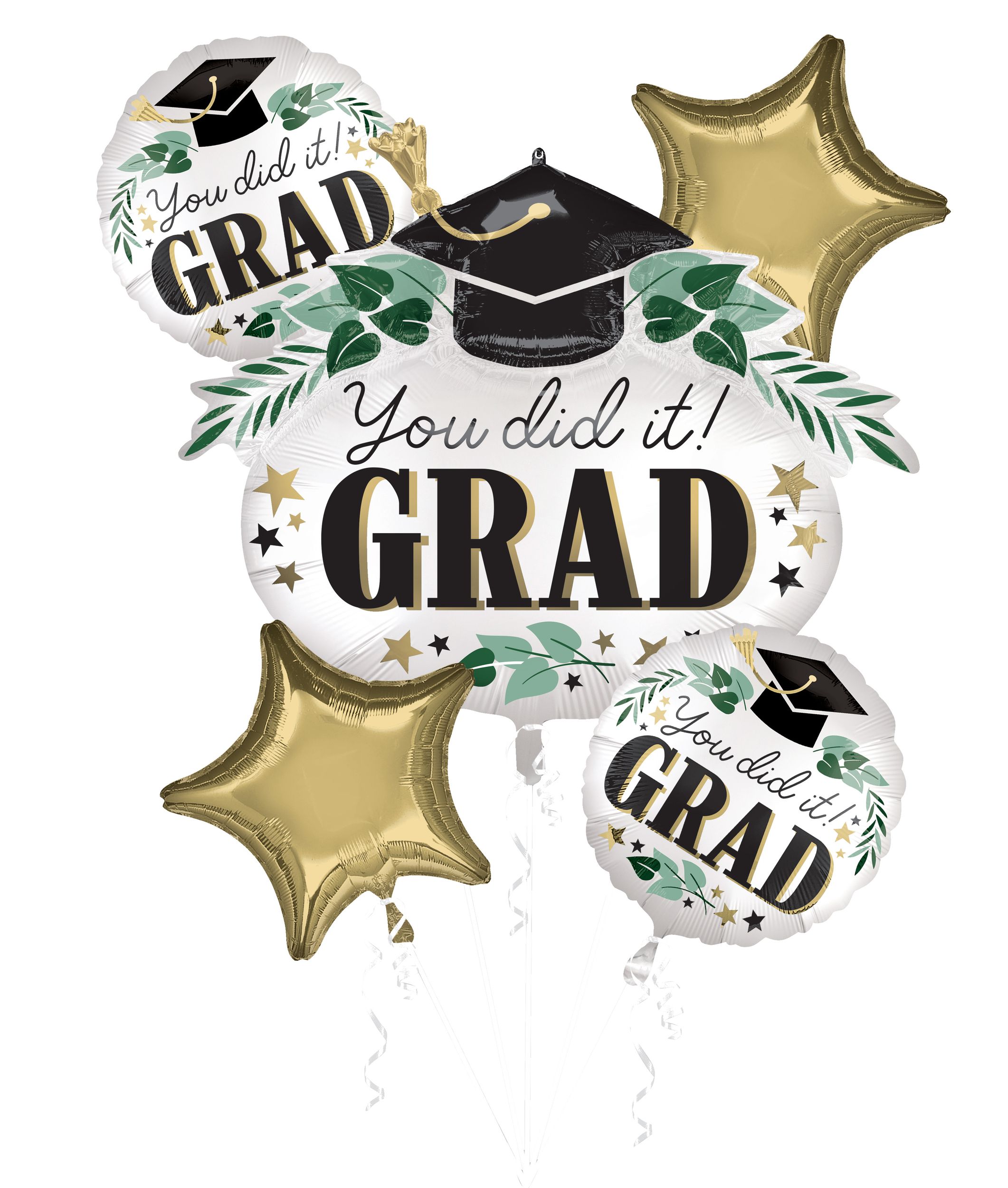"You did it Grad" Star/Round Satin Foil Balloon Bouquet, White/Gold, 5-pk, Helium Inflation & Ribbon Included for Graduation Front_Flat