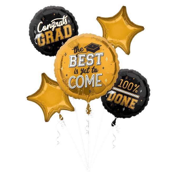 "Congrats Grad" Star/Round Satin Foil Balloon Bouquet, Gold/Black, 5-pk, Helium Inflation & Ribbon Included for Graduation Front_Flat