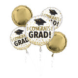 Bouquet de ballons en aluminium satiné rond Congrats Grad, blanc/or, paq. 5, gonflement à l'hélium et ruban inclus, pour remise des diplômes Front_Flat