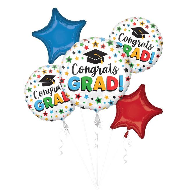 "Congrats Grad" Star/Round Satin Foil Balloon Bouquet, White/Red/Blue, 5-pk, Helium Inflation & Ribbon Included for Graduation Front_Flat