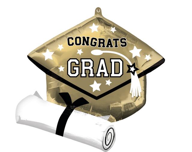 School Colours "Congrats Grad" Graduation Cap Satin Foil Balloon, Gold, 24-in, Helium Inflation & Ribbon Included for Graduation Front_Flat