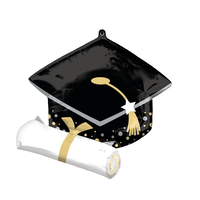 Ballon en aluminium satiné mortier, noir/blanc, 24 po, gonflement à l'hélium et ruban inclus, pour remise des diplômes Front_Flat