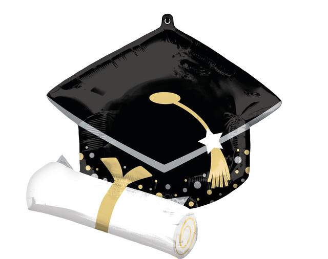 Graduation Cap Satin Foil Balloon, Black/White, 24-in, Helium Inflation & Ribbon Included for Graduation Front_Flat