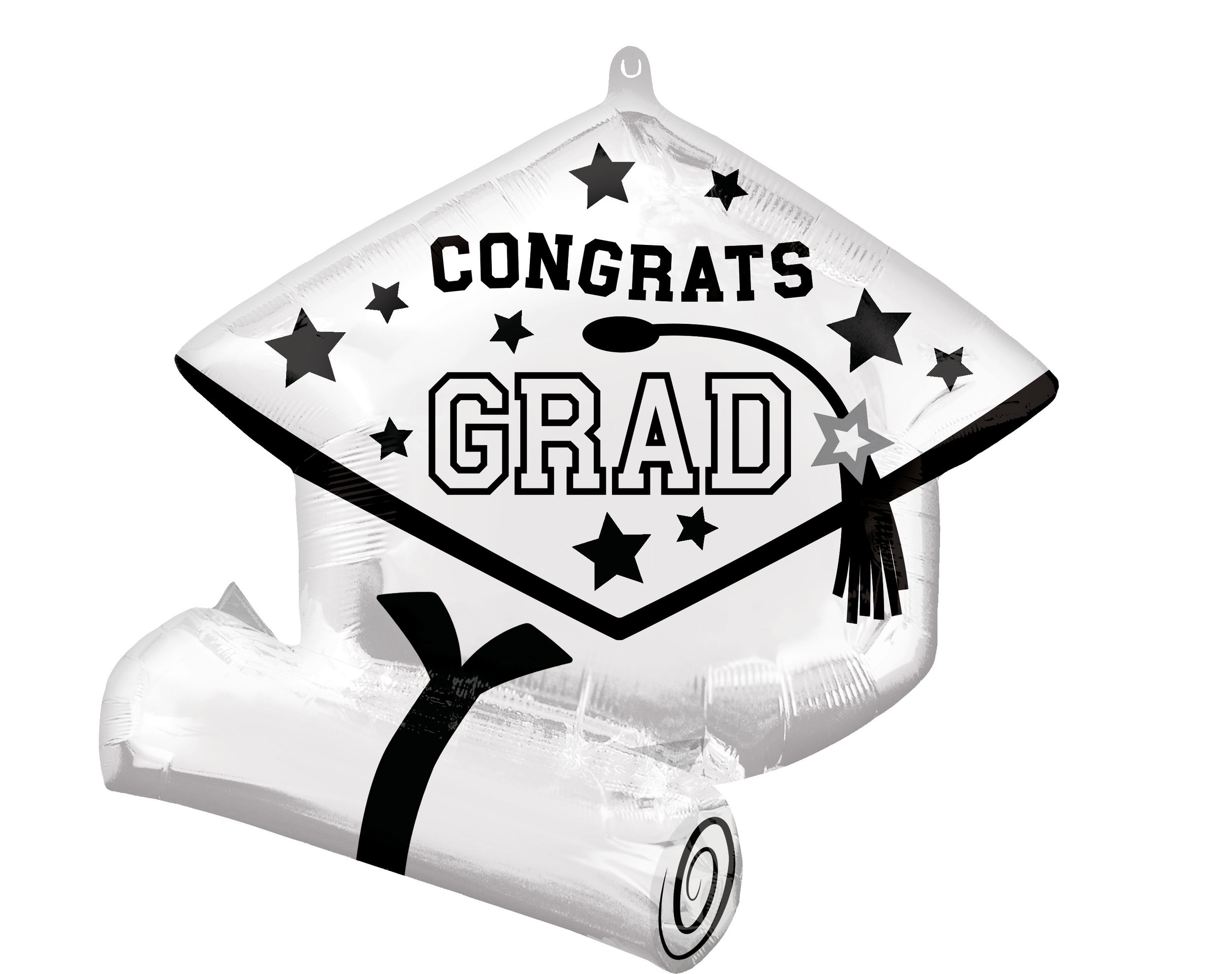 School Colours "Congrats Grad" Graduation Cap Satin Foil Balloon, White, 24-in, Helium Inflation & Ribbon Included for Graduation Front_Flat