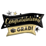Ballon en aluminium satiné rectangle Congratulations Grad, noir/or, 22 po, gonflement à l'hélium et ruban inclus, pour remise des diplômes Front_Flat