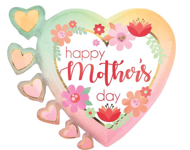 "Happy Mother's Day" Heart Satin Foil Balloon, Pink/Green, Ombre, 23-in, Helium Inflation & Ribbon Included for Mother's Day Front_Flat