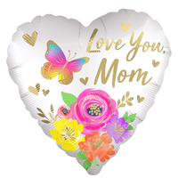 "Love You Mom" Heart Satin Foil Balloon, White/Gold, Floral, 18-in, Helium Inflation & Ribbon Included for Mother's Day