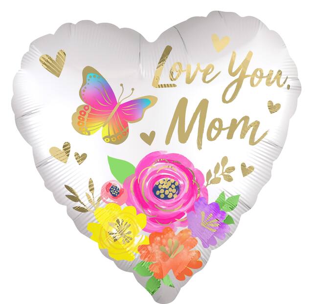 "Love You Mom" Heart Satin Foil Balloon, White/Gold, Floral, 18-in, Helium Inflation & Ribbon Included for Mother's Day Front_Flat