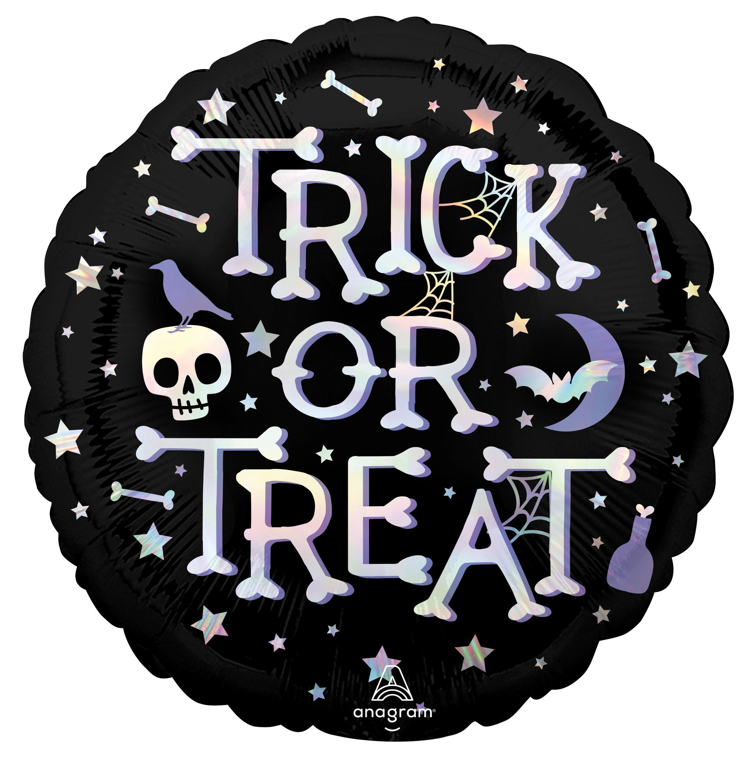 Ballon en aluminium satiné rond Trick or Treat, noir/blanc, 18 po, gonflement à l'hélium et ruban inclus, pour l'Halloween Front_Flat