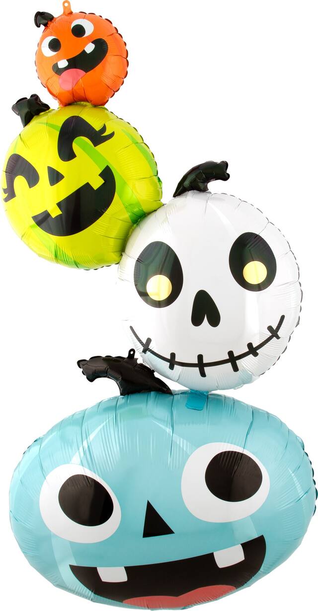 Jack-O'-Lantern Pumkin Satin Foil Balloon Stacker, Blue/Orange/White, 60-in, Helium Inflation & Ribbon Included for Halloween Front_Flat
