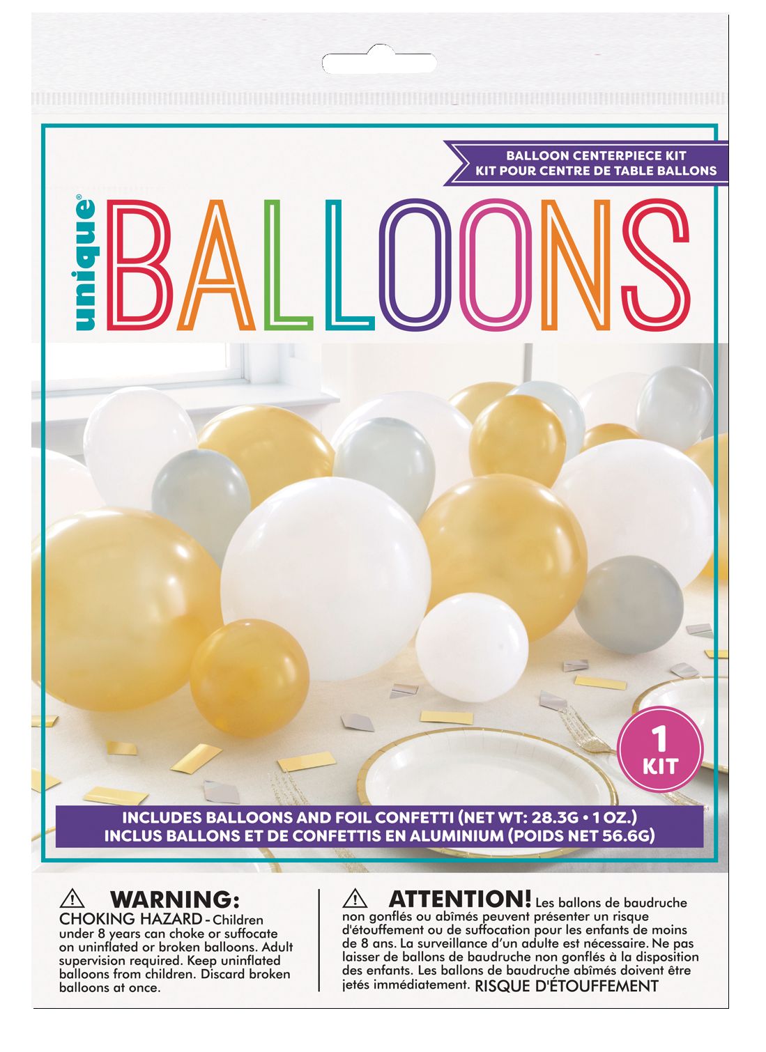 Guirlande chemin de table en ballon en latex rond avec confettis, or/argent/blanc, 5 x 9 po, paq. 40, pour veille du jour de l'An/remise des diplômes Front_Flat