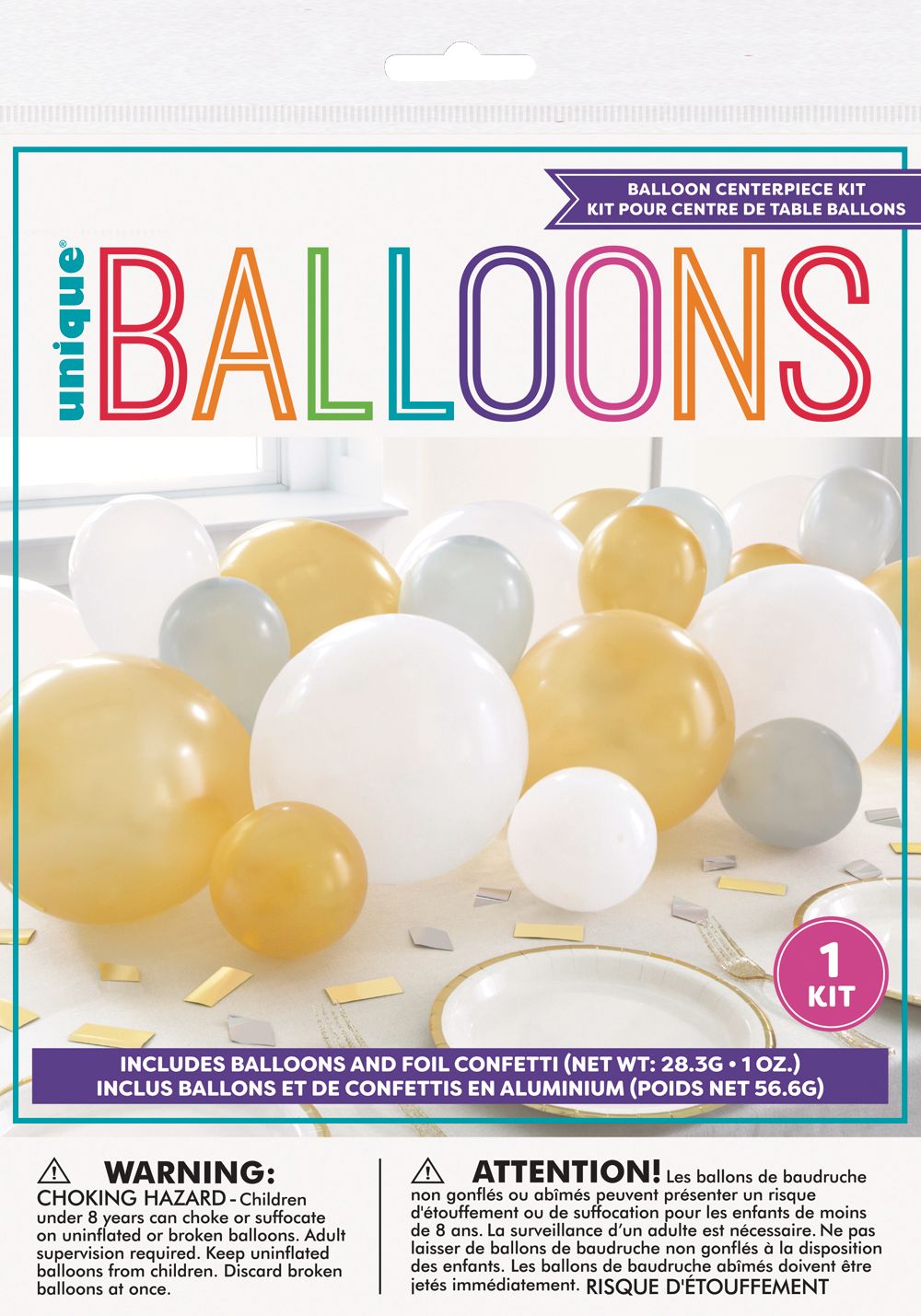 Guirlande chemin de table en ballon en latex rond avec confettis, or/argent/blanc, 5 x 9 po, paq. 40, pour veille du jour de l'An/remise des diplômes Front_Flat