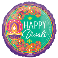 Ballon en aluminium satiné rond Happy Diwali, vert/violet, 18 po, ruban et gonflage hélium compris, pour Divali