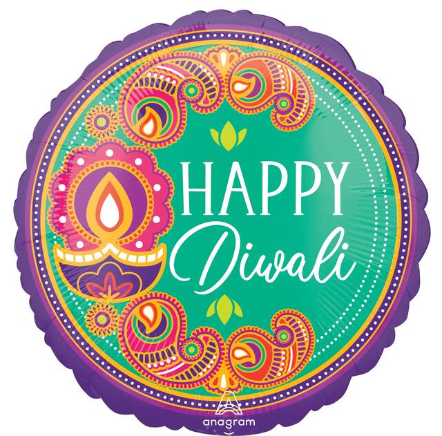 "Happy Diwali" 18-in Green/Purple Round Satin Foil Balloon with Ribbon and Helium Inflation Included Front_Flat