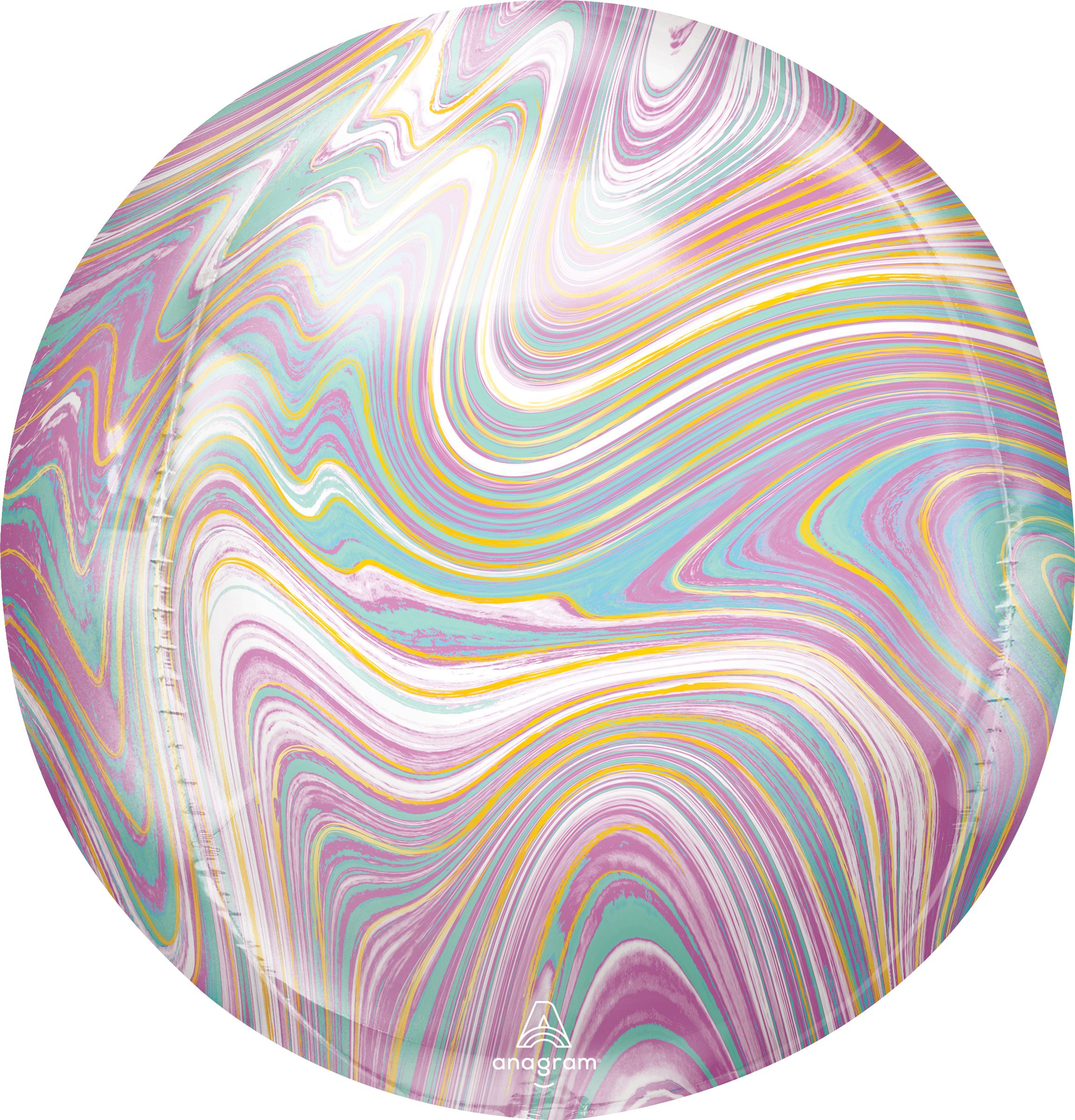 Orbz Satin Foil Balloon, Purple/Blue/Yellow, Marble, 16-in, Helium Inflation & Ribbon Included for Birthday/Special Occasion Front_Flat