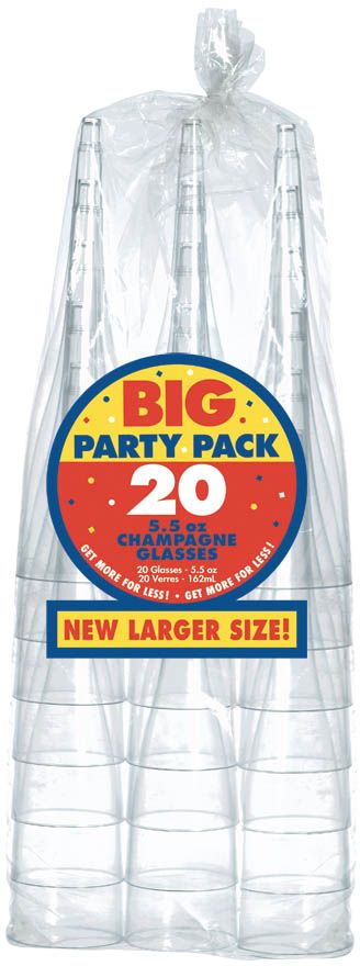 Big Party Pack Plastic Reusable Champagne Flutes, Clear, 5.5-oz, 20-pk, for Christmas/New Year's Eve/Graduation/Wedding Front_Flat