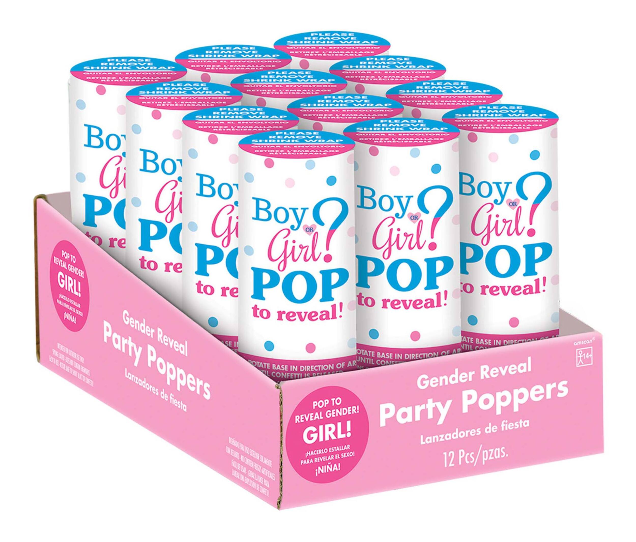 "Girl or Boy?" Confetti Cannon Poppers, Pink, 12-pk, for Gender Reveal Front_Angled_Right