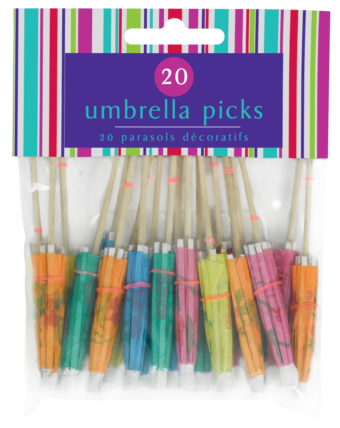 Parasol, pics à cocktail, mariages, anniversaires, couleurs variées, paq. 20 Front_Flat