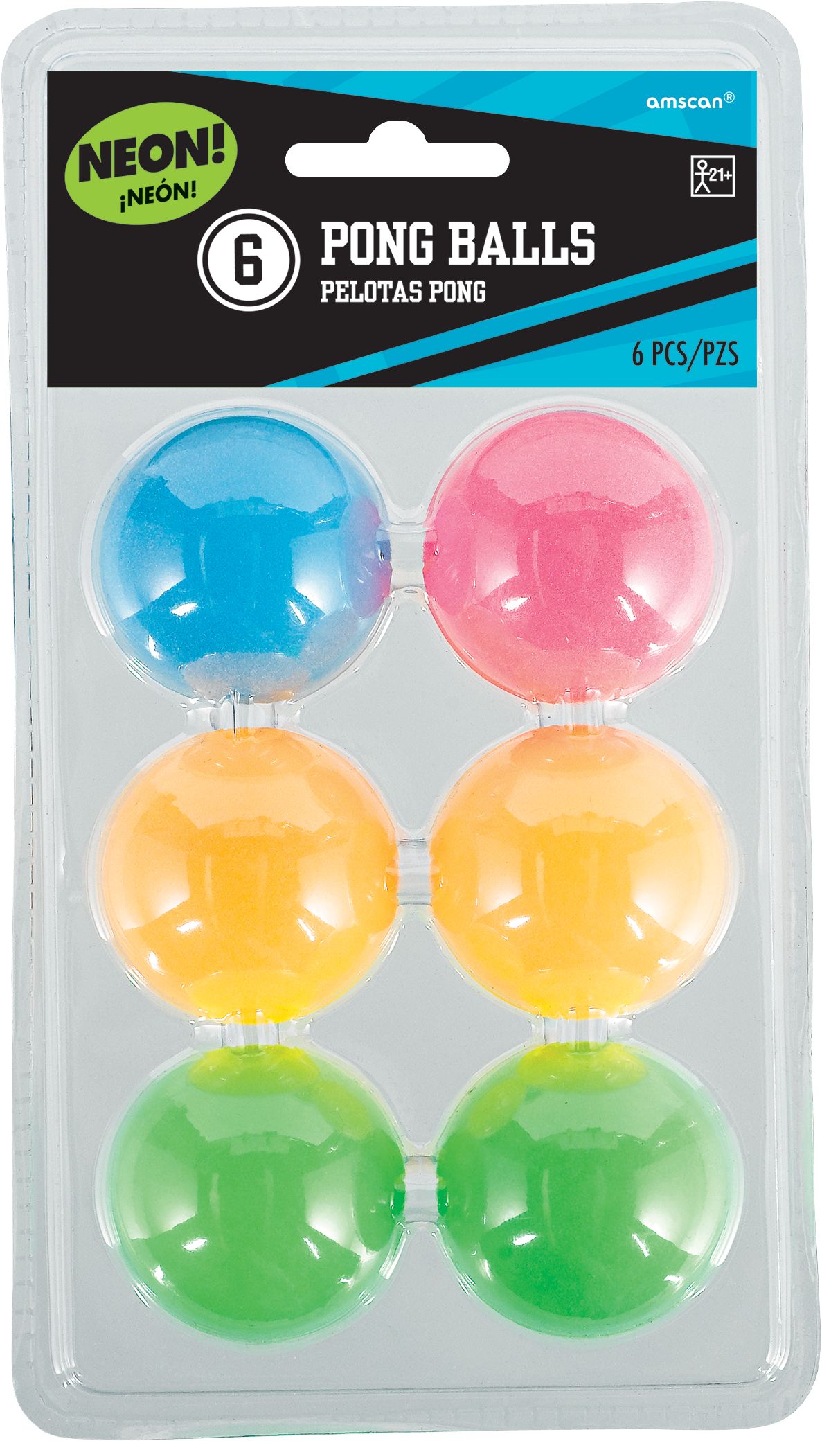 Plastic Black Light Neon Pong Table Balls, Assorted Colours, 6-pk, for Table Tennis/Beer Pong/Summer Party Front_Flat