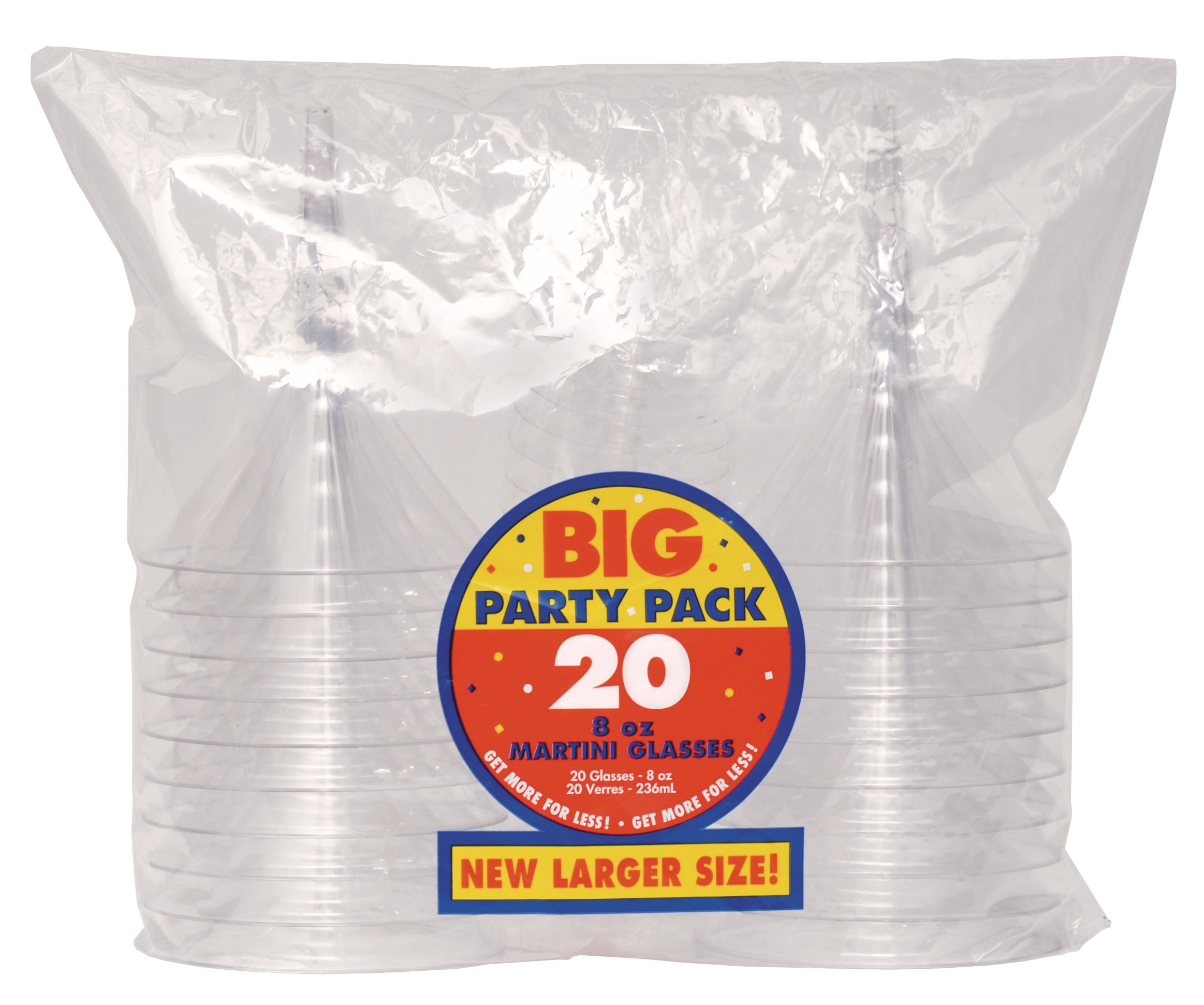 Big Party Pack Plastic Reusable Martini Glasses, Clear, 8-oz, 20-pk, for Christmas/Thanksgiving/New Year's Eve/Birthday Party Front_Flat