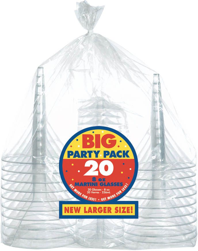 Big Party Pack Plastic Reusable Martini Glasses, Clear, 8-oz, 20-pk, for Christmas/Thanksgiving/New Year's Eve/Birthday Party Front_Flat