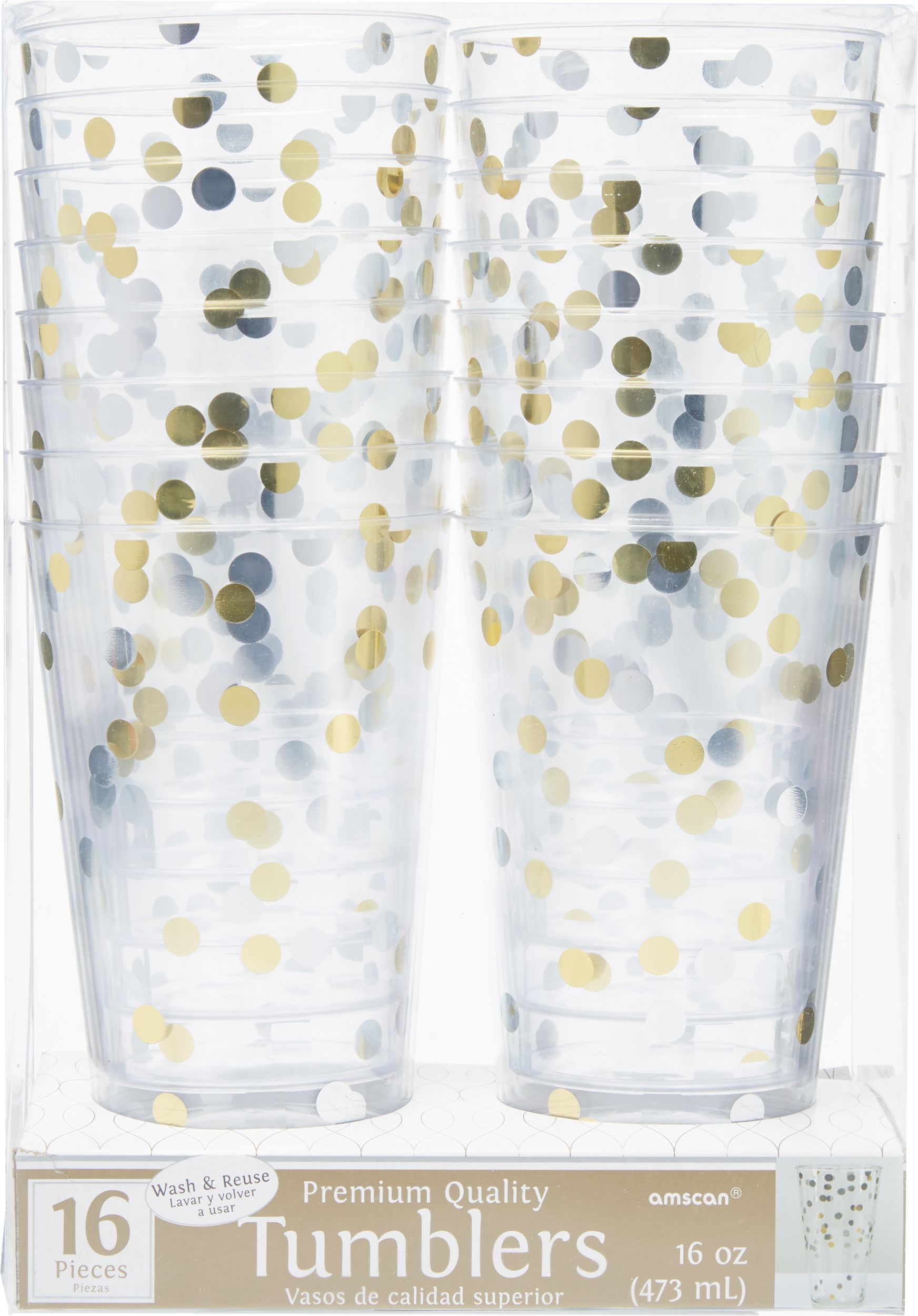 Metallic Gold & Silver Confetti Premium Plastic Cups, 16-pk Front_Flat