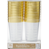 Bordered Trimmed Plastic Reusable Tumbler Cups, Clear/Gold, 16-oz, 16-pk, for New Year's Eve/Christmas/Graduation Front_Elevated