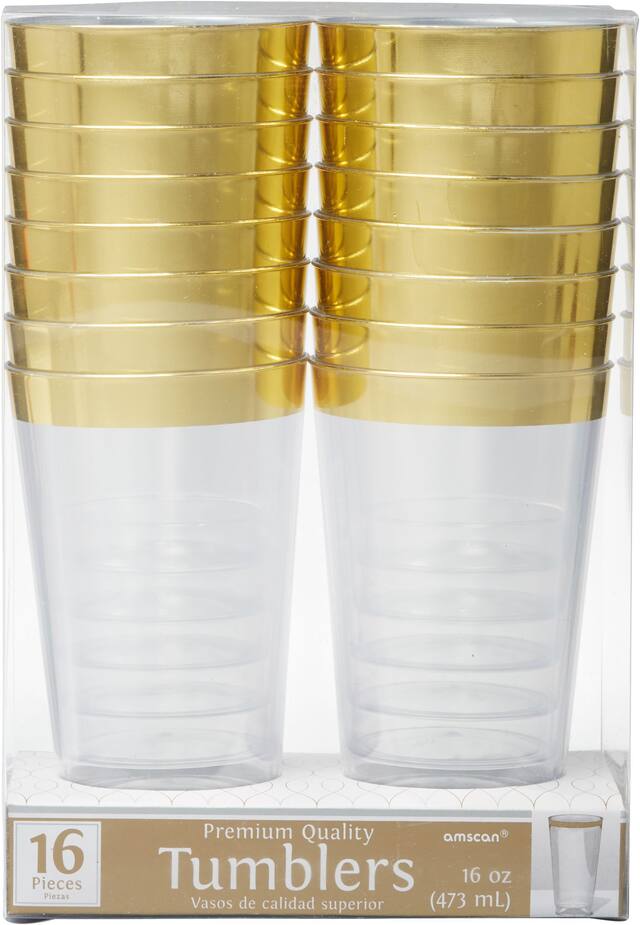 Bordered Trimmed Plastic Reusable Tumbler Cups, Clear/Gold, 16-oz, 16-pk, for New Year's Eve/Christmas/Graduation Front_Elevated