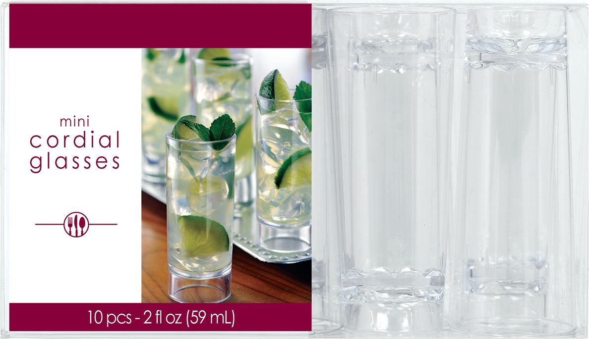 Mini Plastic Reusable Cordial Glasses, Clear, 2-oz, 10-pk, for New Year's Eve/Graduation/Christmas/Birthday Party Front_Flat