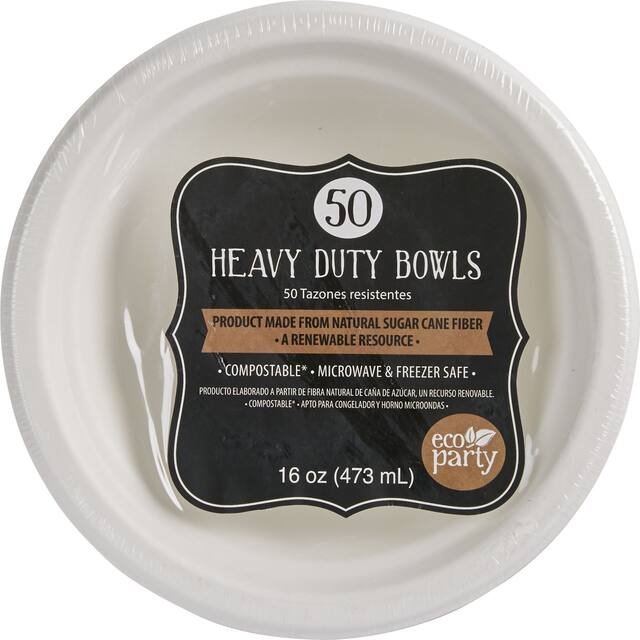 Round Sugarcane Eco Bowls, White,16-oz, 50-pk, for Christmas/Thanksgiving/New Year's Eve/Birthday Party Overhead_Flat