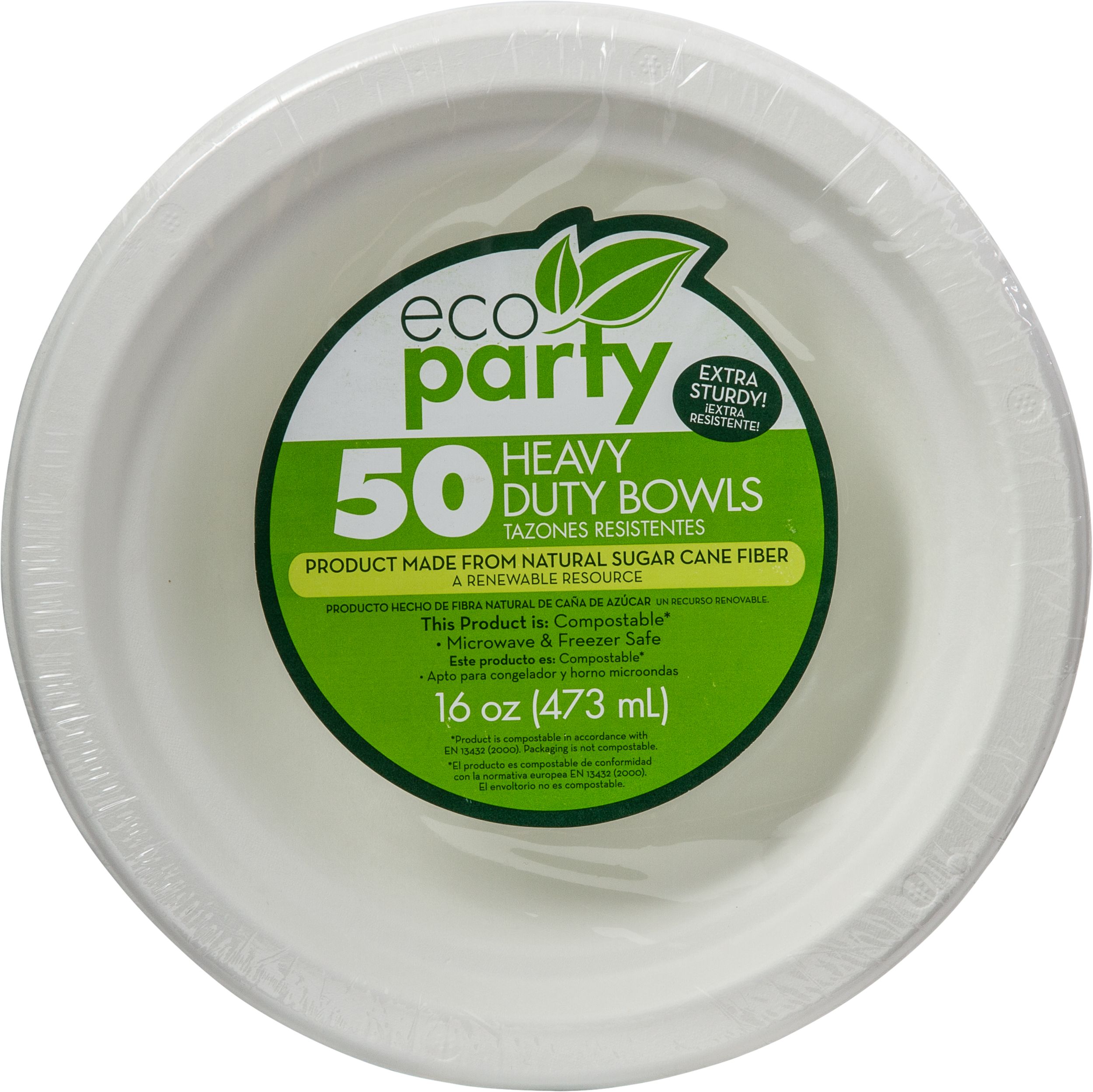 Round Sugarcane Eco Bowls, White,16-oz, 50-pk, for Christmas/Thanksgiving/New Year's Eve/Birthday Party Overhead_Flat