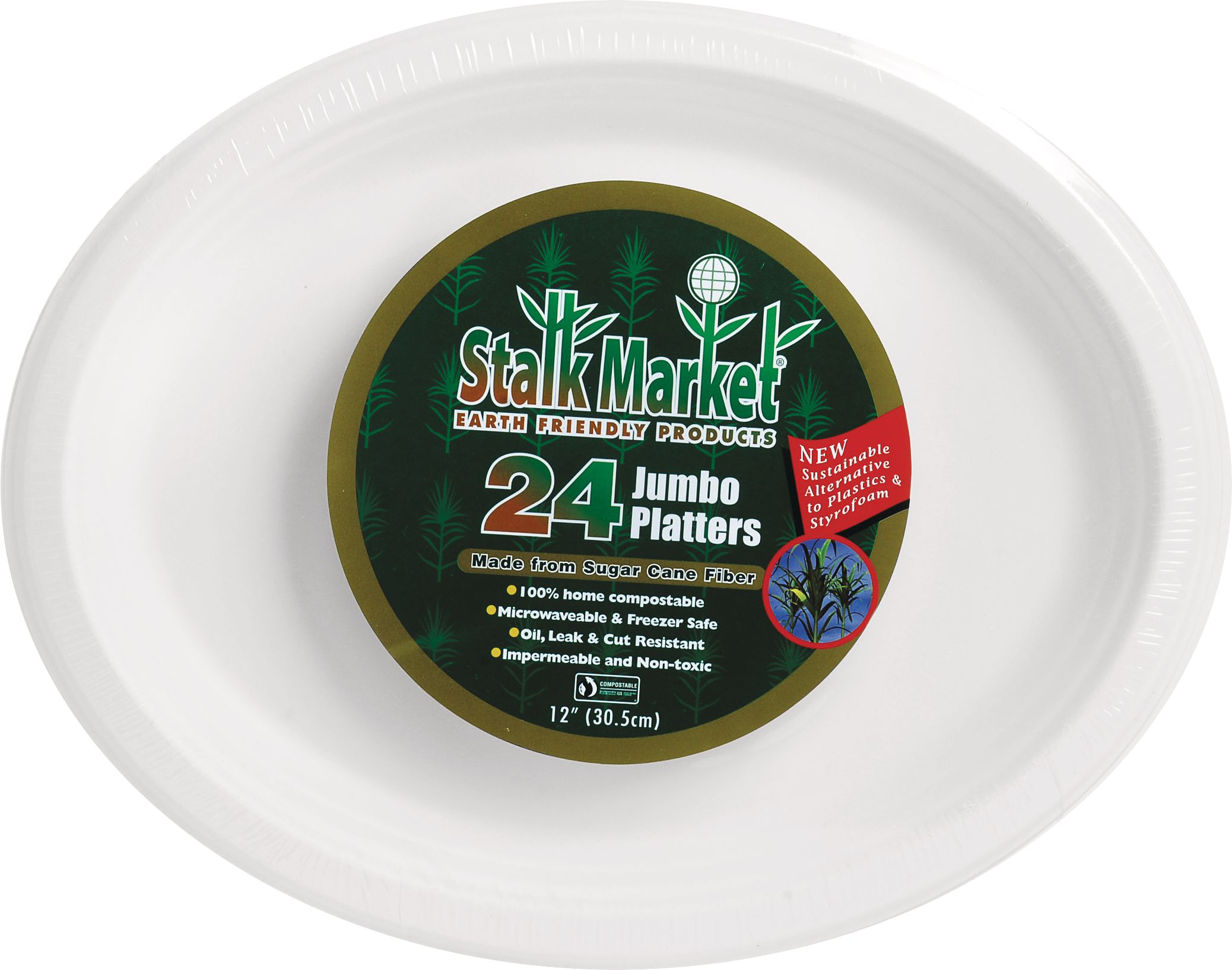 Round Sugarcane Eco Serving Platters, White, 12-in, 24-pk, for Christmas/Thanksgiving/New Year's Eve/Birthday Party Front_Flat