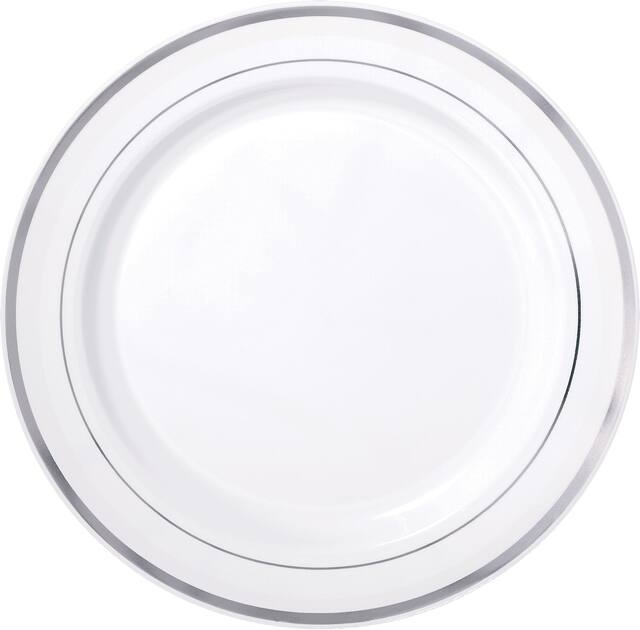 Rectangle Bordered Trimmed Plastic Reusable Serving Platter, White/Silver, 16-in, for Christmas/Thanksgiving/New Year's Eve Front_Flat