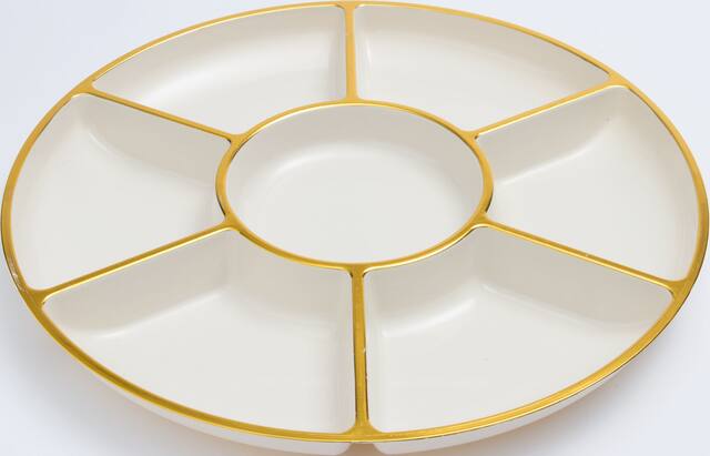 Gold Trimmed Plastic Sectional Platter for Birthday, Party, Anniversary, White, 16-in Overhead_Plunge