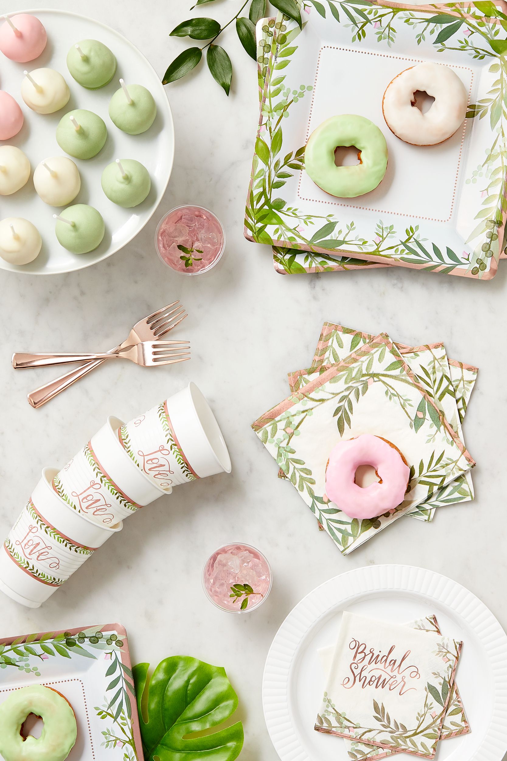 Love & Leaves Square Paper Disposable Dinner Plates, White/Green, Floral Greenery, 10-in, 8-pk, for Bachelorette/Engagement/Bridal Shower Overhead_Flat