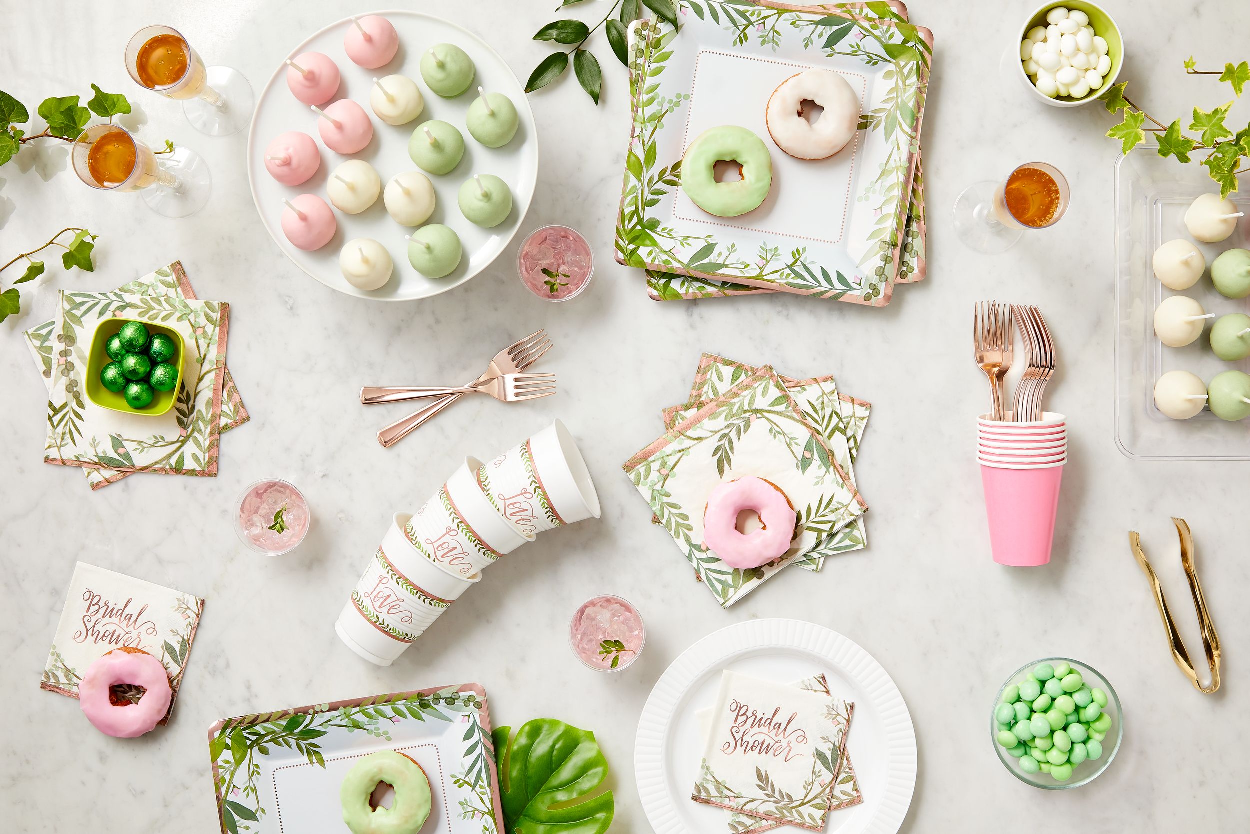 Love & Leaves Square Paper Disposable Dinner Plates, White/Green, Floral Greenery, 10-in, 8-pk, for Bachelorette/Engagement/Bridal Shower Overhead_Flat