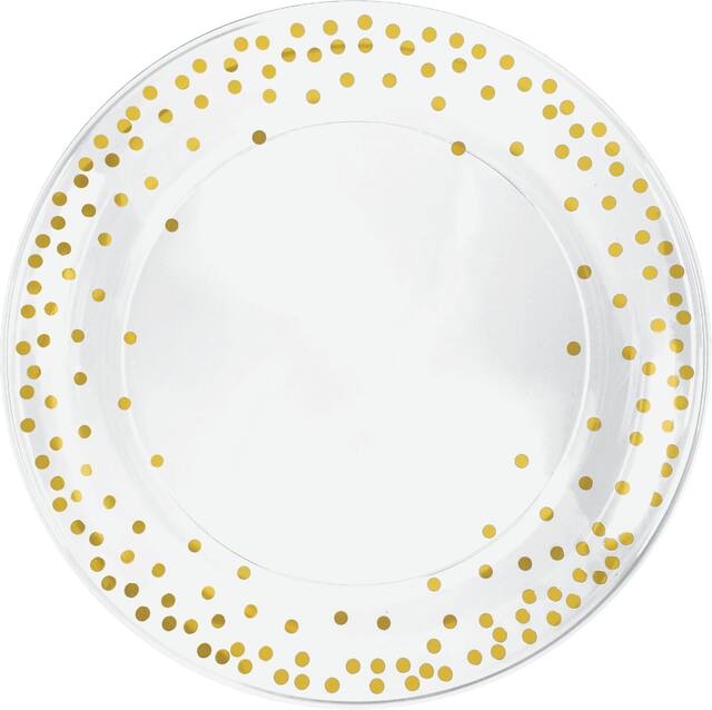 Round Plastic Reusable Serving Platter, White/Gold, Polka Dot, 14-in, for New Year's Eve/Christmas/Baby Shower Front_Flat