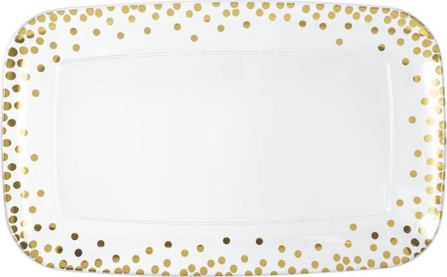 Rectangle Plastic Reusable Serving Platter, White/Gold, Polka Dot, 18-in, for New Year's Eve/Christmas/Baby Shower Overhead_Flat