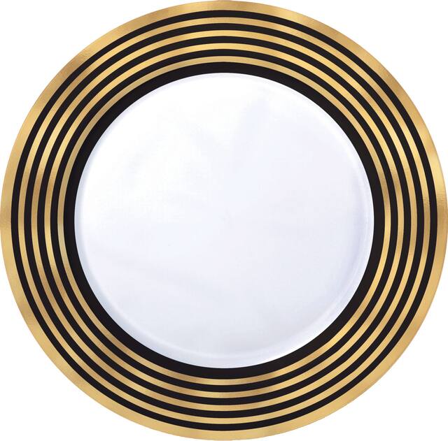 Round Bordered Plastic Reusable Dessert Plates, Black/Gold, 7.5-in, 20-pk, for Christmas/Thanksgiving/New Year's Eve/Birthday Party Overhead_Flat