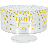 "Yum" Round Plastic Reusable Metallic Container, Clear/Gold, Polka Dots, 76-oz, for Birthday/Baby Shower/Wedding Front_Elevated