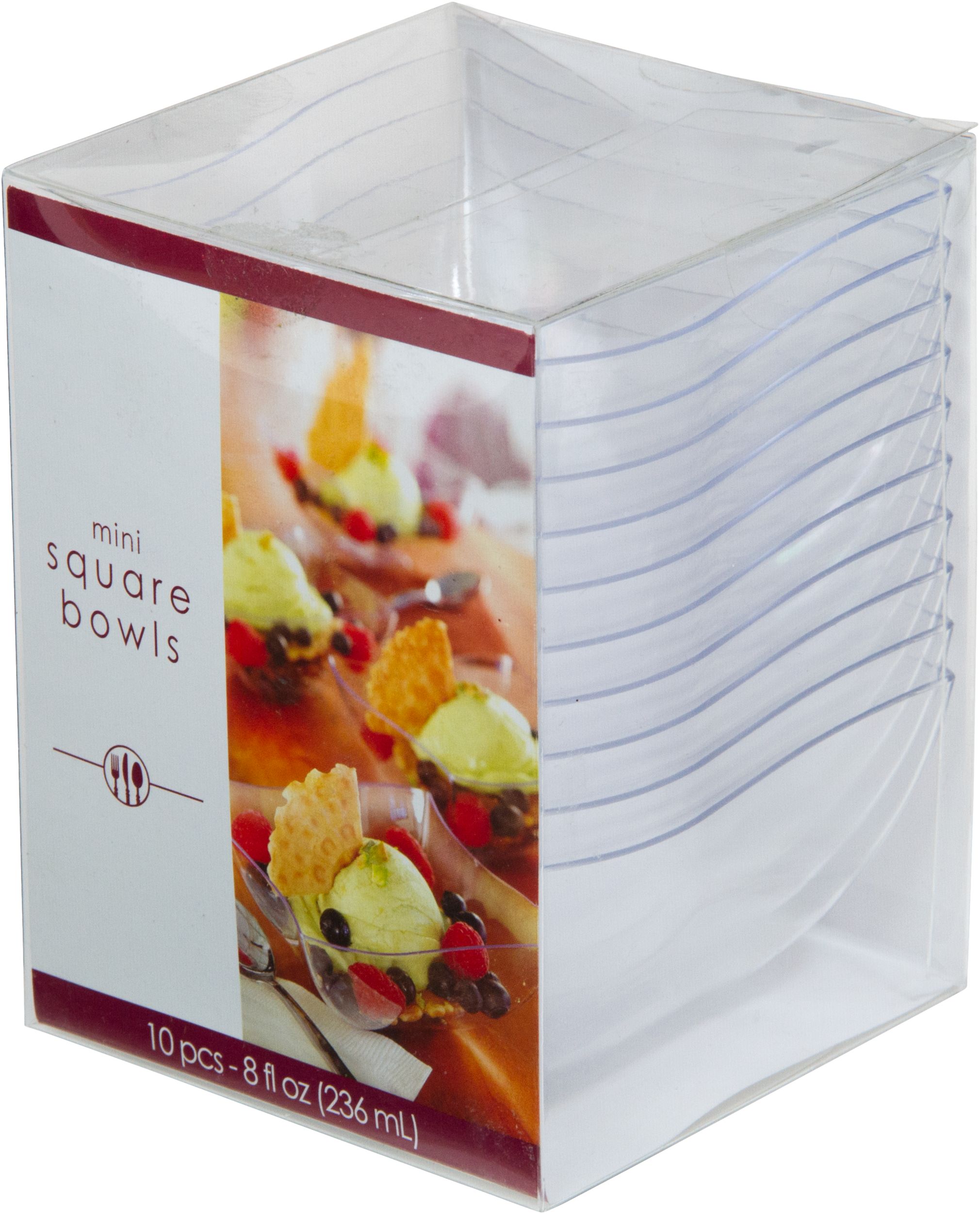Square Mini Plastic Reusable Bowls, Clear, 4-in, 10-pk, for Christmas/Thanksgiving/New Year's Eve/Easter/Birthday Party Front_Angled_Left
