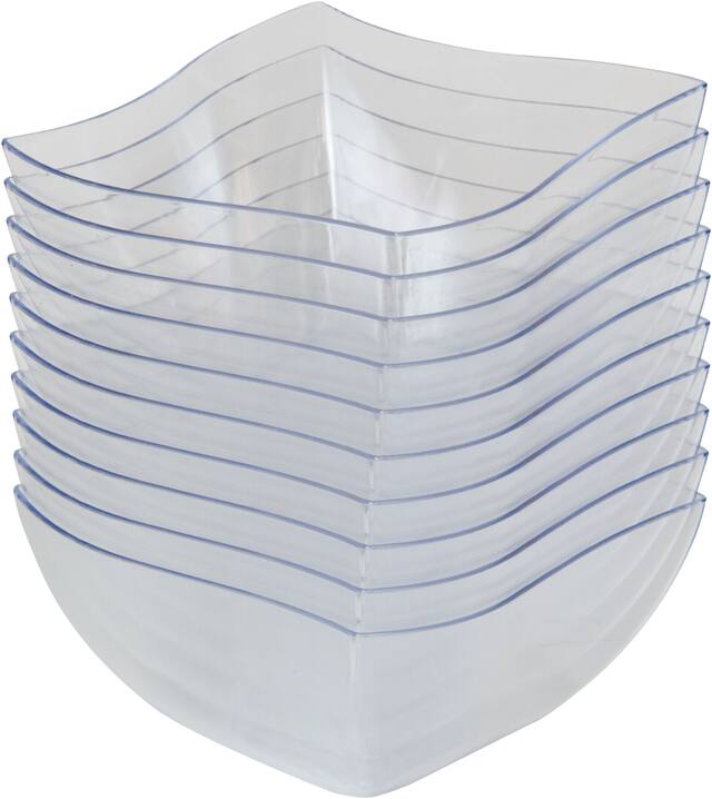 Square Mini Plastic Reusable Bowls, Clear, 4-in, 10-pk, for Christmas/Thanksgiving/New Year's Eve/Easter/Birthday Party Front_Angled_Left