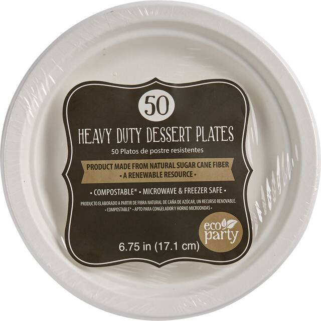 Round Sugarcane Eco Dessert Plates, White, 7-in, 50-pk, for Christmas/Thanksgiving/New Year's Eve/Birthday Party Front_Flat