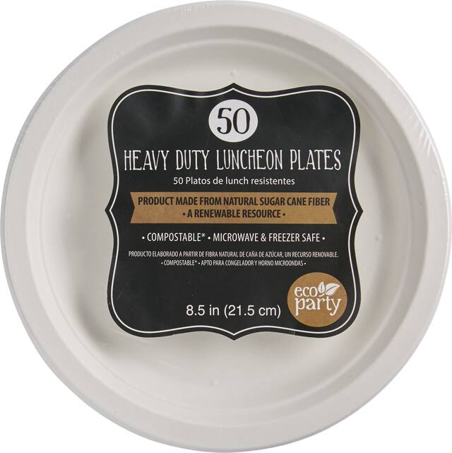 Eco-Friendly White Sugar Cane Lunch Plates, 50-pk Front_Flat