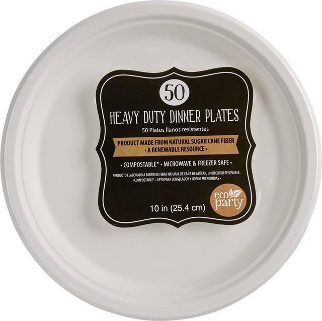 Round Sugarcane Eco Dinner Plates, White,10-in, 50-pk, for Christmas/Thanksgiving/New Year's Eve/Birthday Party Front_Flat