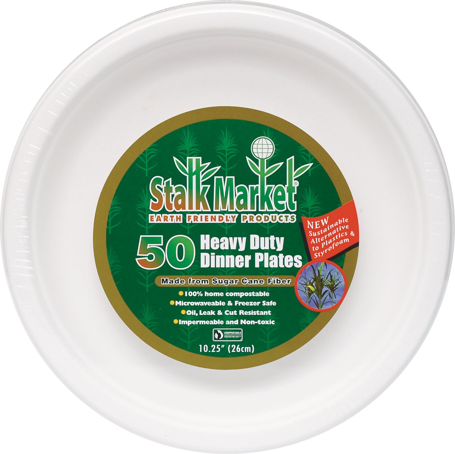 Round Sugarcane Eco Dinner Plates, White,10-in, 50-pk, for Christmas/Thanksgiving/New Year's Eve/Birthday Party Overhead_Flat