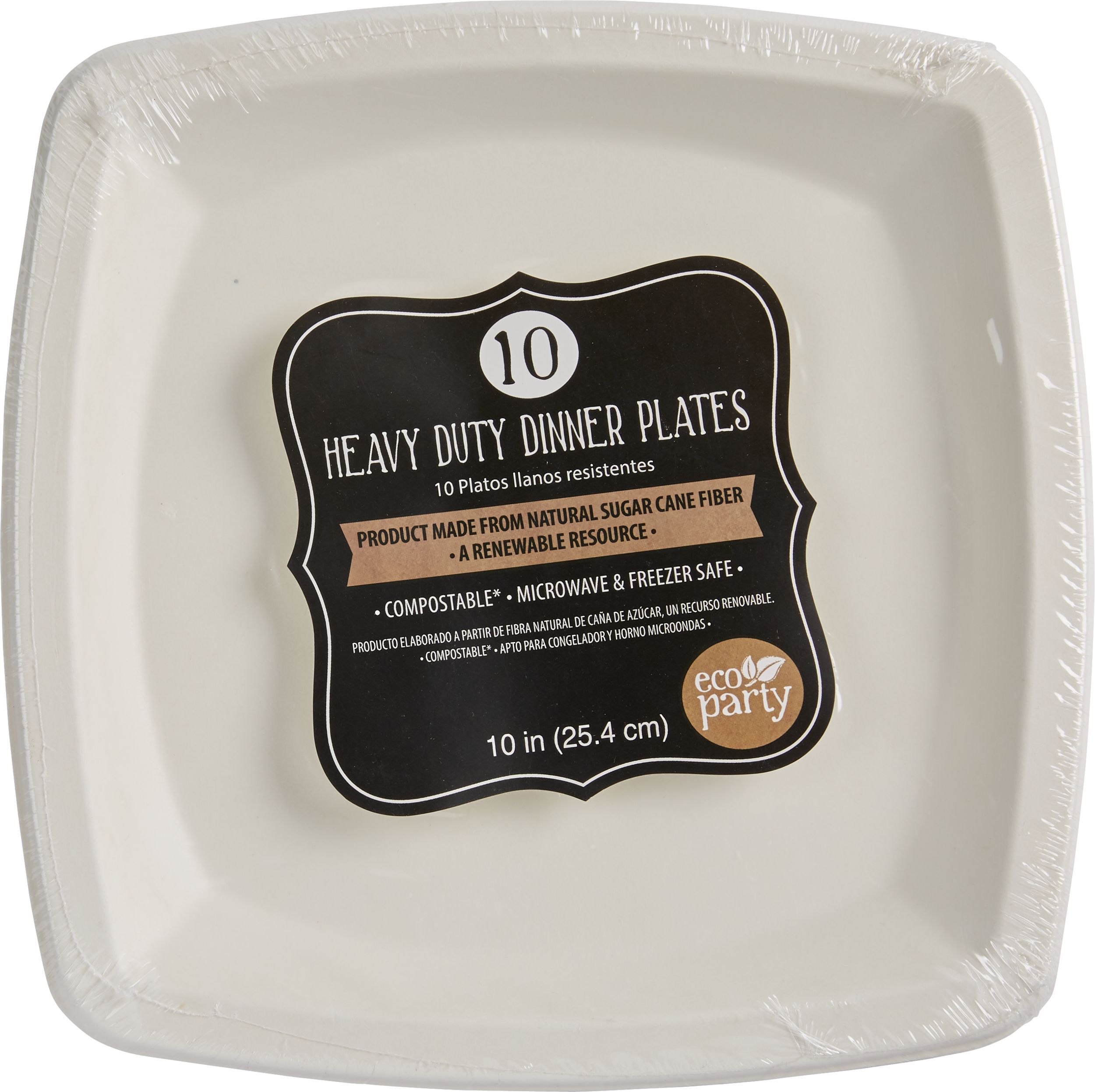 Grandes assiettes carrées écologiques canne à sucre pour anniversaires et anniversaires de mariage, blanc, paq. 10 Front_Flat